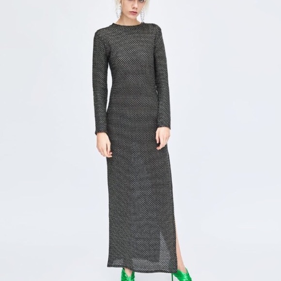 Zara Dresses | Zara Black Gold Long Sleeve Knit Maxi Dress Slit S | Color: Black/Gold | Size: S | Jennytcloset's Closet